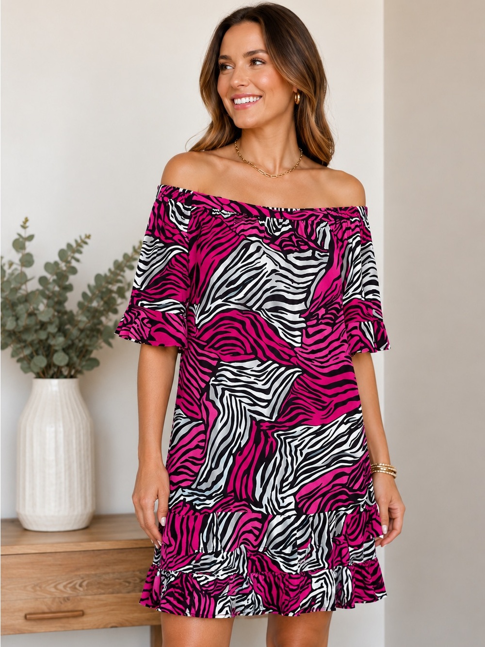 Jude Connally Hot Pink, Black & White Zebra Off-Shoulder Tunic